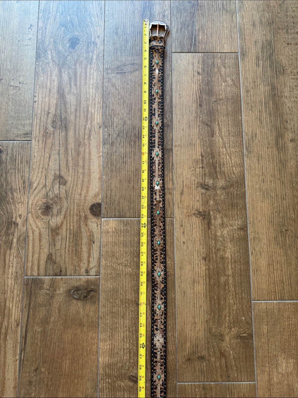 Nocona Brown Leopard Print Leather Belt with Calf Hide and Turquoise Accents - Picture 6 of 11